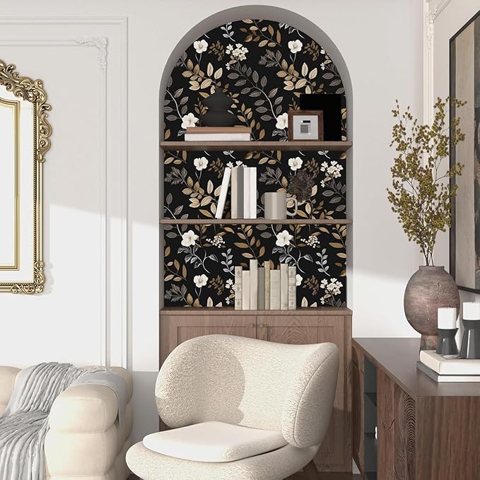 Laatse Black Floral Wallpaper Peel and Stick Vintage Leaf Contact Paper Waterproof Self Adhesive Removable Modern Boho Wall Paper for Bedroom Cabinets Kitchen Locker Drawer 17.5"X118"