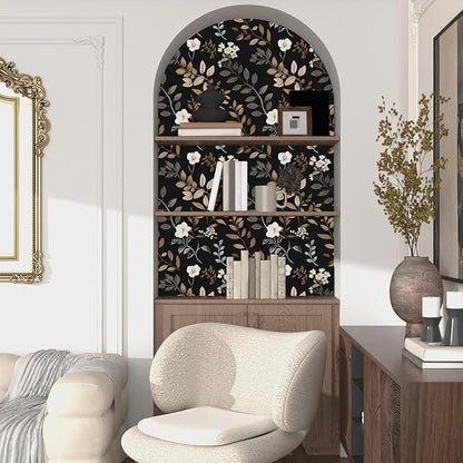 Vintage Wallpaper Peel and Stick Black Floral Wall paper 17.5'' x 393'' Gold Leaf Contact Paper Waterproof Self Adhesive Removable Modern Boho Walls Murals for Bedroom Cabinets Kitchen Locker Drawer