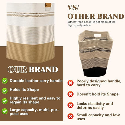 Laundry Hamper, 75L Tall Laundry Basket with Leather Handles, Rectangle Large Clothes Hamper for Organizing, Cotton Woven Laundry Baskets Storage Hampers for Bedroom, Nursery, Living Room