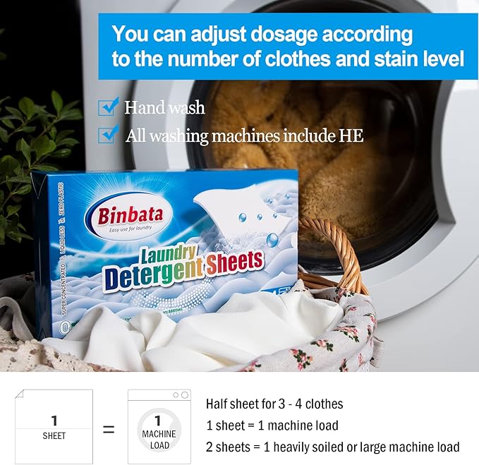 Binbata Laundry Detergent Sheets, 200 Count, Fragrance Free, Unscented, Eco-Friendly, Hypoallergenic, Biodegradable, Plastic Free, Liquidless, Suitable for Sensitive Skin
