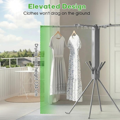 cjc Foldable Clothes Drying Rack, Drying Rack Clothing,Collapsible Drying Racks for Laundry Used for Indoor, Outdoor, 4 Retractable Drying Rods + 4 Shoe Racks + 4 Sock Clips with 16 Clips/Grey