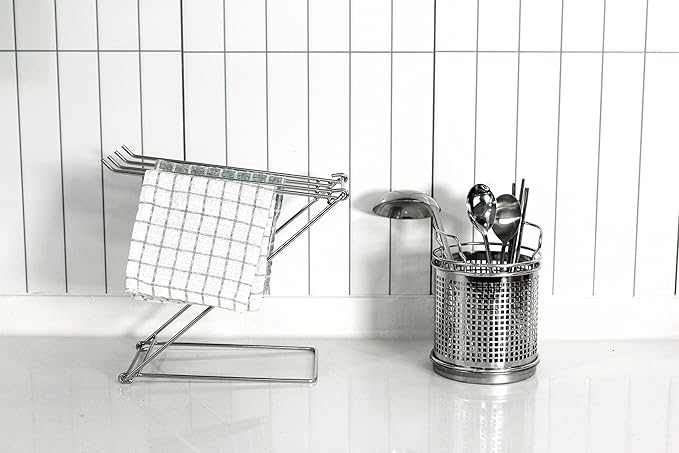 LENITH Stainless Steel Washcloth Holder Dish Rag Cloth Holder, 4 Arms Folding Towel Drying Rack for Kitchen countertop Bathroom, Hand Towel Stand Rack, Silver