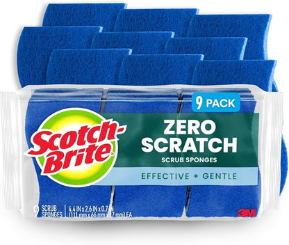 Scotch-Brite Zero Scratch Scrub Sponge, 9 Kitchen Sponges for Cleaning Around the Home, Bathroom & More, Effective + Gentle Dish Scrubber, Best for Nonstick Pots and Pans, Safe on Most Surfaces