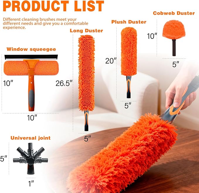 20FT High Reach Duster Cleaning Kit with 5-13 FTExtension Pole, High Ceiling Fan Cleaner Duster Tool for Fan Blades, Extendable Reusable Cobweb, Feather, Window Cleaning Squeegee Kit (12FT)