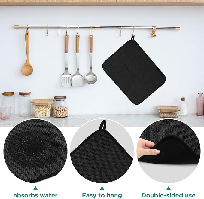GeeRic Microfiber Dish Drying Mat, Super Absorbent Kitchen Dish Drying Pad, Reversible for Countertop, 15*20 inch Black