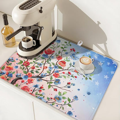 4th of July Dish Drying Mat 24x18 Inch, Patriotic Drying Mat with Absorbent Reversible Microfiber, Independence Day Dish Drainer Mats Memorial Day Rack Pad for Coffee Countertop Kitchen Protector
