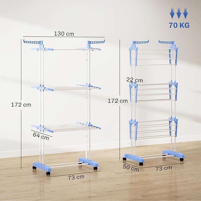 HOMCOM Folding Clothes Airer on Wheels Steel Frame Interior and Exterior Side Wings 3 Levels 73 x 64 x 177 cm Blue Silver