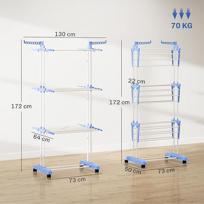HOMCOM Folding Clothes Airer on Wheels Steel Frame Interior and Exterior Side Wings 3 Levels 73 x 64 x 177 cm Blue Silver