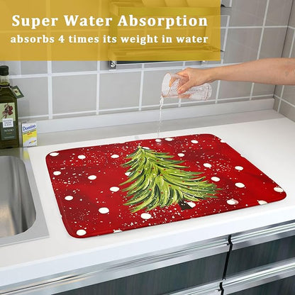 Christmas Tree Dish Drying Mat 18 x 24 Inch With Absorbent Reversible Microfiber Red Green Xmas Snowflake Drying Mats Winter Holiday Dish Drainer Mat Fast Dry For Kitchen Dining Room Decoration