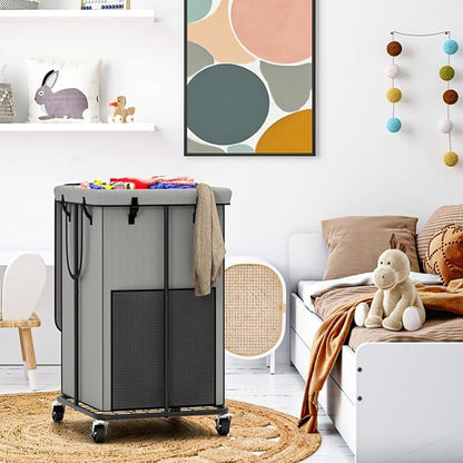 Large Laundry Hampers with Lid, Oxford Fabric Laundry Hampers, Metal Frame and Removable Bag Design with Wheels, Suitable for Bedroom, Bathroom, Dorm Room, Laundry Room (Grey with Lid)