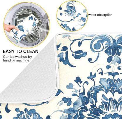 Absorbent Dishes Drainer Mat for Countertop Small Size 16 x 18, Microfiber Blue White Pattern Dish Drying Pads Kitchen Counter Draining Pad