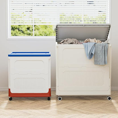 HAIXIN HOME 60L Cute Laundry Hamper, Slim Rolling Laundry Hamper with Lid, Dirty Clothes Hamper Cart with Handle for Bedroom, Bathroom, Closet, Dorm, Blue Lid, White Body and Red Base - Tricolor