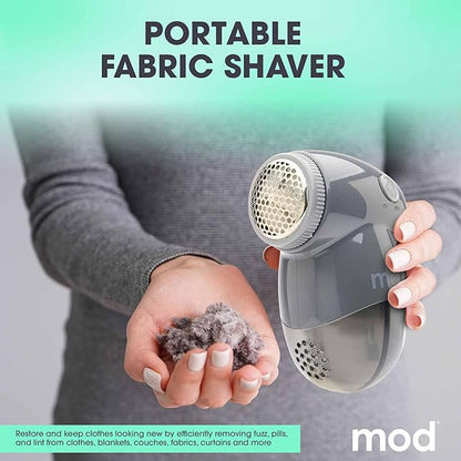 MOD 2 Pack Portable Fabric Shaver and Lint Remover, Reusable Pet Hair Remover, Roller for Clothes, Sweater Shaver, Couch, Blankets with Detachable Lint Collector Tank, Battery Operated, White/Gray