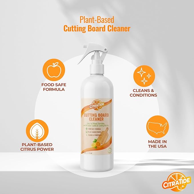 Cutting Board Cleaner Spray – Food Safe Cleaner & Conditioner for Wood, Bamboo, plastic cutting boards & Butcher Blocks – Plant-Based Citrus Power, Non-Toxic, USA Made (16 fl oz)