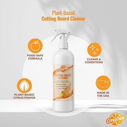 Cutting Board Cleaner Spray – Food Safe Cleaner & Conditioner for Wood, Bamboo, plastic cutting boards & Butcher Blocks – Plant-Based Citrus Power, Non-Toxic, USA Made (16 fl oz)