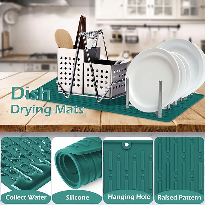 GeeRic Dish Drying Mats, Heat-resistant Silicone Mat for Kitchen Counter, Non-Slip Dish Dry Mat Dishwasher Safe Large, Turquoise