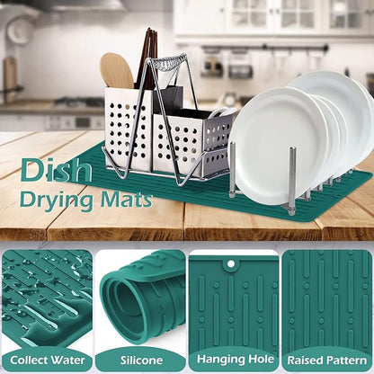 GeeRic Dish Drying Mats, Heat-resistant Silicone Mat for Kitchen Counter, Non-Slip Dish Dry Mat Dishwasher Safe Large, Turquoise