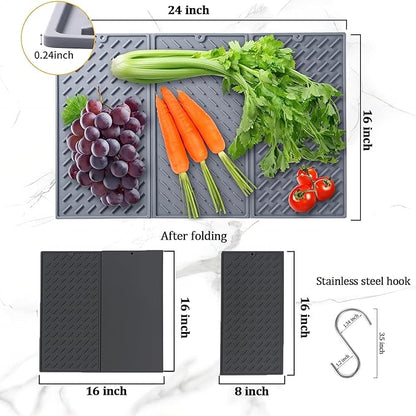 Collapsible Dish Drying Mat, Silicone Drying Mat for Kitchen Counter, Dish Drying Pad with Hook, 24x16in Non-Slip Silicone Dish Drying Mat, Easy to Clean (Translucent)