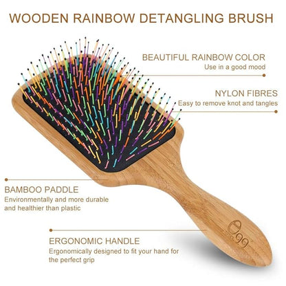 BLACK EGG Paddle Detangling Hair Brush for Women Girls, Rainbow Nylon Brush for Thick Thin Curly Hair, Includes Wooden Detangler Comb and 3 Hair Ties, Valentine’s Day Gift