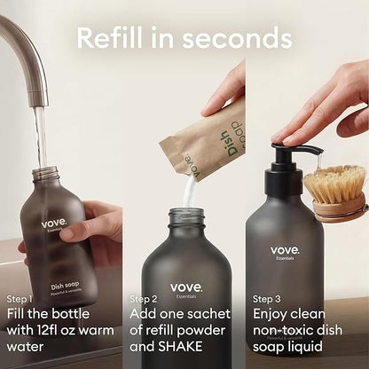 Vove Dish Soap Starter Set with Refillable Glass Pump Bottle & 3 Refills, Bergamot Mint & Basil, Powder-to-Gel Dishwashing Liquid, Plant-Based Concentrated Formula, Plastic-Free Packaging