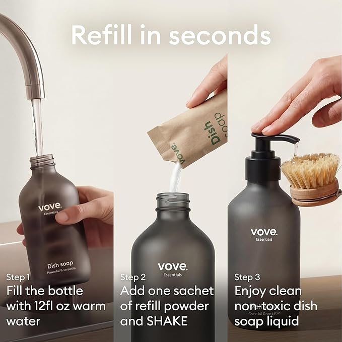 Vove Dish Soap Refills 3-Pack, Bergamot Mint & Basil, Powder-to-Gel Dishwashing Liquid Refill, Plant-Based Concentrated Formula, Grease-Cutting Power, Plastic-Free Compostable Packaging, Essential oil