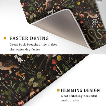 Black Mushrooms Butterfly Dish Drying Pad 18 x 24 Inch With Absorbent Reversible Microfiber Forest Wild Animals Flowers Moon Star Drying Mats Dish Drainer Mat Fast Dry For Kitchen Dining Room