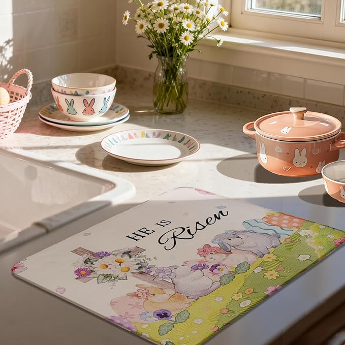 Easter Dish Drying Mat, Ultra Absorbent Easter Drying Mat for Kitchen Counter, Coffee Maker, 18 x 24 Inch