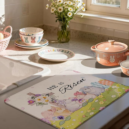 Easter Dish Drying Mat, Ultra Absorbent Easter Drying Mat for Kitchen Counter, Coffee Maker, 18 x 24 Inch