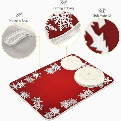 Super Absorbent Dish Drying Mat, Microfiber Fast-Drying Dish Mat, 24" x 18", Kitchen Dish Drying Pad, Watercolor Cute (Christmas Snowflake Abstract)