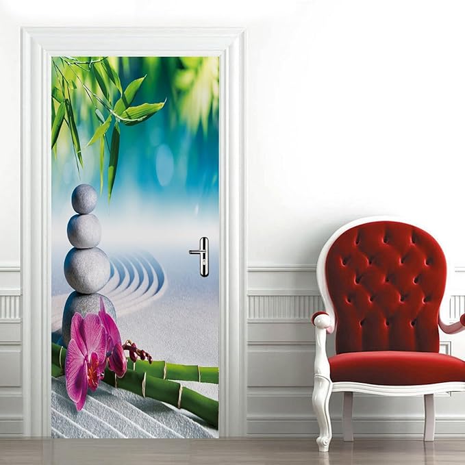 A.Monamour 3D Door Stickers for Interior Doors Sand Orchid Bamboo Massage Stones in Zen Garden Vinyl Waterproof Self Adhesive Door Mural Decals for Bedroom Office Bathroom 90x200cm