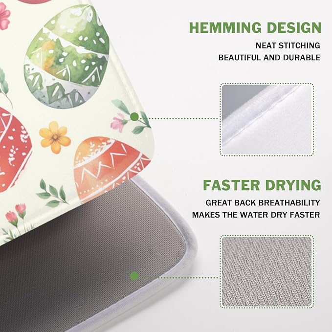 Easter Dish Drying Mat for Kitchen Counter Colorful Easter Eggs Floral Pattern Drying Mat 16x18 Inch Spring Holiday Absorbent Dish Drainer Mat Kitchen Accessories