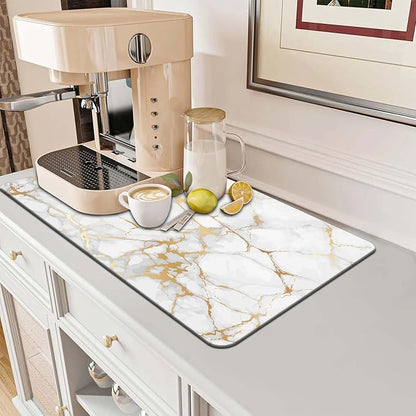MCALK Marble White Dish Drying Mat for Kitchen Counter, Gold Dish Drying Pad with Anti-Slip Rubber Base, Absorbent Kitchen Sink Mat with Modern Art Decor (1 pc 18" x 16")