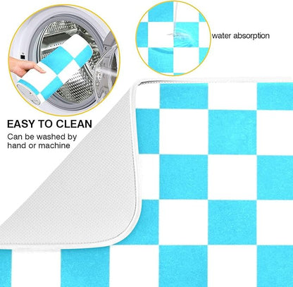 Turquoise Chessboard Dish Drying Mat for Kitchen Countertop 18x24 Teal Plaid Checkered Rectangle Large Drying Mat Reusable Quick Dry Dish Sink Absorbent Mats Easy Clean Decorative Home Essentials