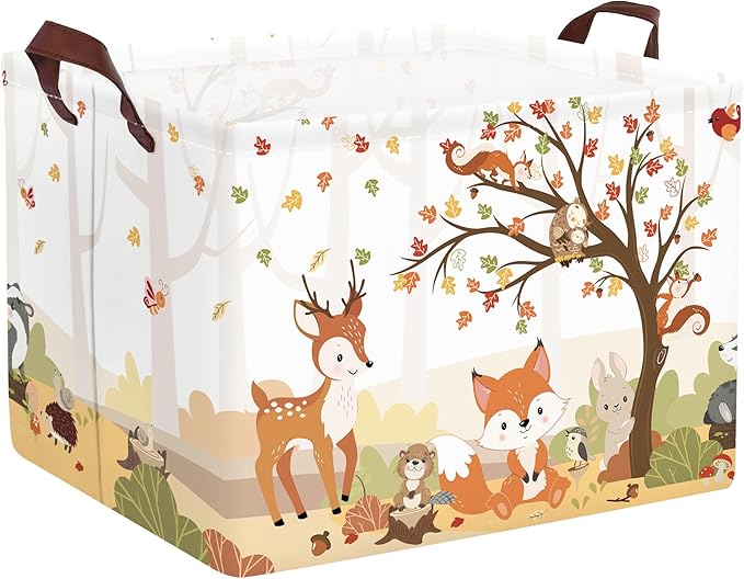 Clastyle Autumn Forest Animals Baby Laundry Hamper Maple Tree Kid Storage Basket Boys Girls Gift Toy Box Collapsible Clothes Organizer Nursery Bin for Bedroom,Fox Squirrel,40 * 30 * 30 cm