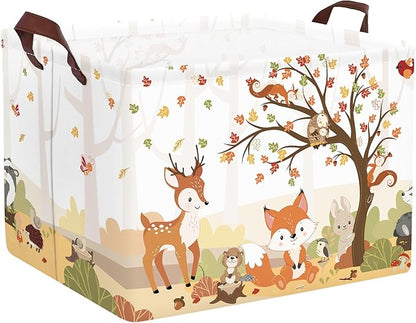 Clastyle Autumn Forest Animals Baby Laundry Hamper Maple Tree Kid Storage Basket Boys Girls Gift Toy Box Collapsible Clothes Organizer Nursery Bin for Bedroom,Fox Squirrel,40 * 30 * 30 cm