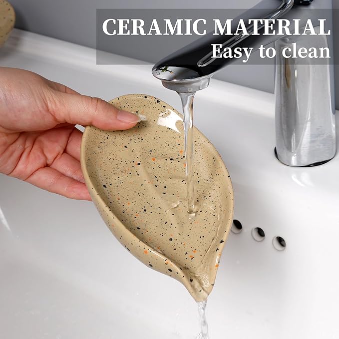 Soap Holder, Self Draining Soap Dish, Leaf Shape Bar Soap Holder Ceramic Drain Soap Dishes for Bathroom Sink Shower Kitchen, Easy to Clean Keeps Soap Dry, ANTIS'S HOME