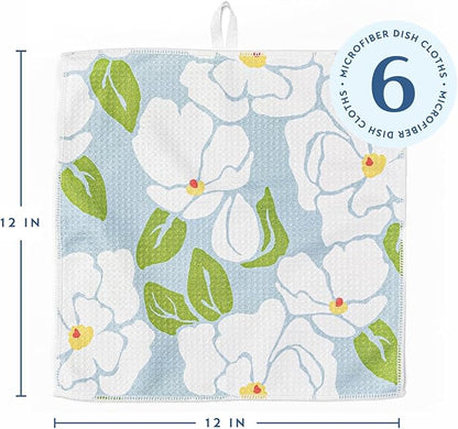 ELYN Microfiber Kitchen Dish Cloth Set, Quick-Dry & Absorbent Waffle Weave Cleaning Towels, Set of 6 Wash Cloths, Paper Towels & Sponge Alternative (Magnolias & Stripe)