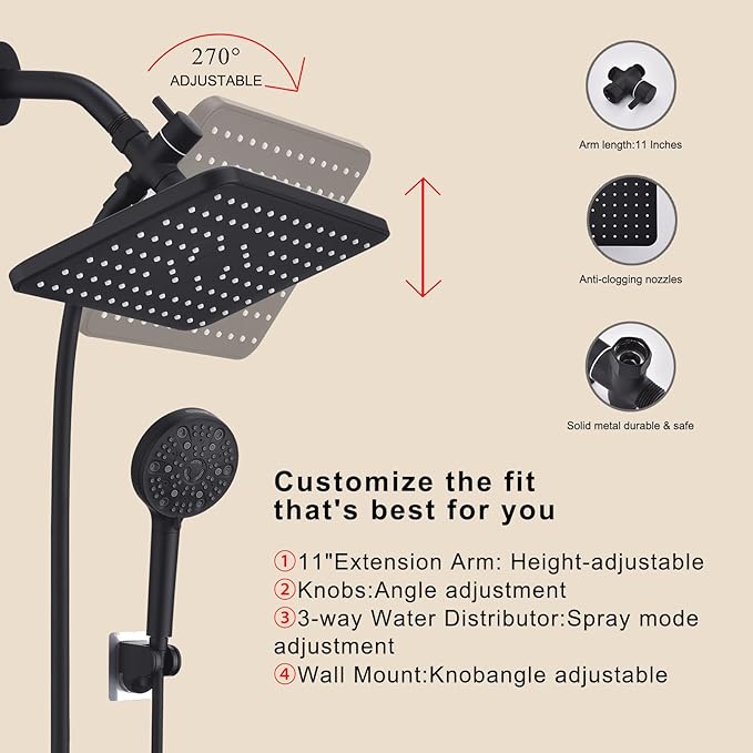 12 Inch Rain Shower Head High Pressure Dual Shower Heads Rainfall Showerhead with 9 Sprays Handheld Spray Combo & 70"Long Fixed Showerheads Hose, Matte Black Bathroom Accessories