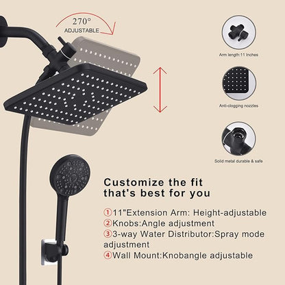 12 Inch Rain Shower Head High Pressure Dual Shower Heads Rainfall Showerhead with 9 Sprays Handheld Spray Combo & 70"Long Fixed Showerheads Hose, Matte Black Bathroom Accessories