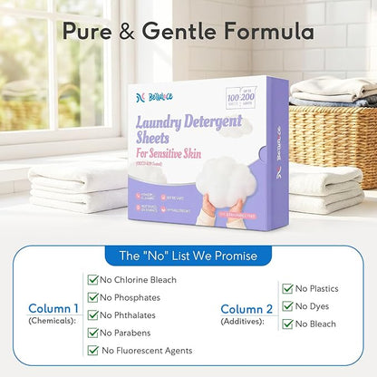 BellaLuce Sensitive Skin Laundry Detergent Sheets, 200 Loads (100 Count) - Hypoallergenic & Fragrance Free Washing Strips, Gentle for Baby, Travel & Dorm Essentials