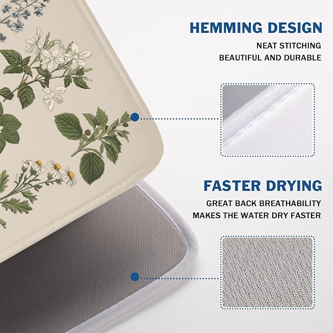 Vintage Plants Herbs Floral Dish Drying Mat for Kitchen Counter Retro Leaf Drying Mat 18x24 Inch Rustic Farmhouse Absorbent Dish Drainer Mat Kitchen Accessories