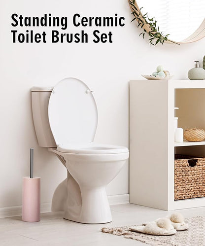 Matt White Ceramic Toilet Brush and Holder Set, Durable Bristles Non Scratch Toilet, Long Stainless Steel Handle, Freestanding Toilet Bowl Cleaners Brush, Scrubber Brush for Toilet