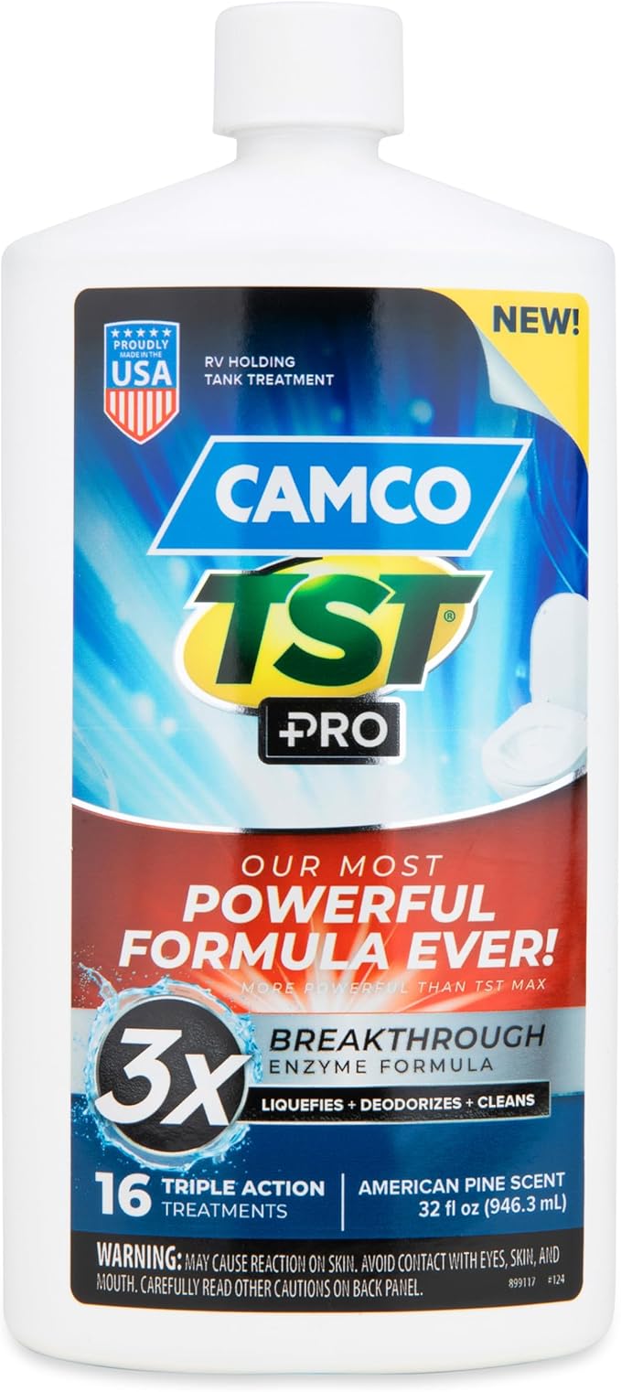 Camco TST PRO Camper/RV Toilet Treatment - Innovative Bio-Enzymatic Formula -Fastest Odor Stopper & RV Sewer Waste Breakdown - RV Black Tank Treatment - Fresh Pine Scent - Septic-Safe, 32-Oz (41771)
