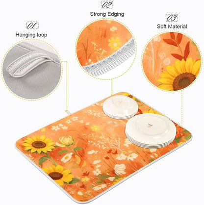 Large Dish Drying Mat Microfiber Drying Mat for Sink Kitchen Counter Yellow Sunflower Cornflower Poppy Absorbent Dish Rack Mat Drying Pad 18 x 24 Inches