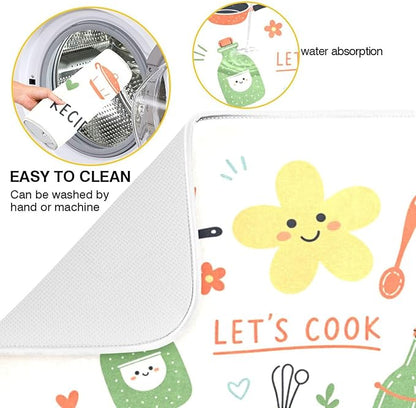 Absorbent Dish Drying Mat Kitchen Doodle Pattern Kitchen Counter Mat Protector,Reversible,Extra Large 24 x 18 Inches