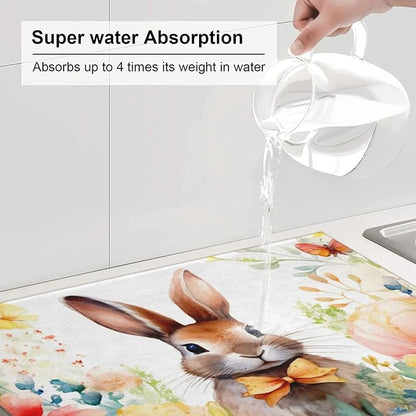 Large Dish Drying Mats For Kitchen Counter Microfiber Kitchen Drying Mat XL Draining Pad Absorbent Quick Drying Dish Mat 18x24 Inch - Rabbit Flowers