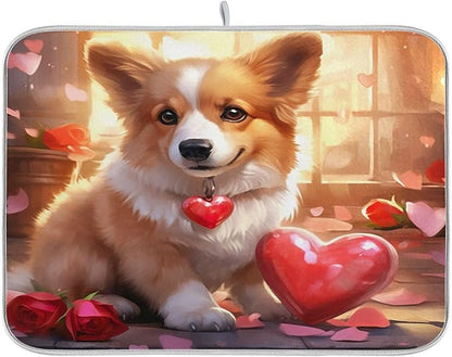 Dish Drying Mat Kitchen Counter Absorbent Valentine Corgi Coffee Sink Mat Dish Drainer Pad 18 Inch x 24 Inch