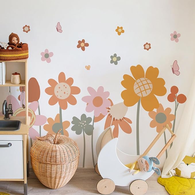 Cute Style Daisy Wall Decals Flower Wall Stickers Daisy Sticker Pink Yellow Flower Decal Peel and Stick Floral Wallpaper for Girls Bedroom Living Room Nursery Home Decor