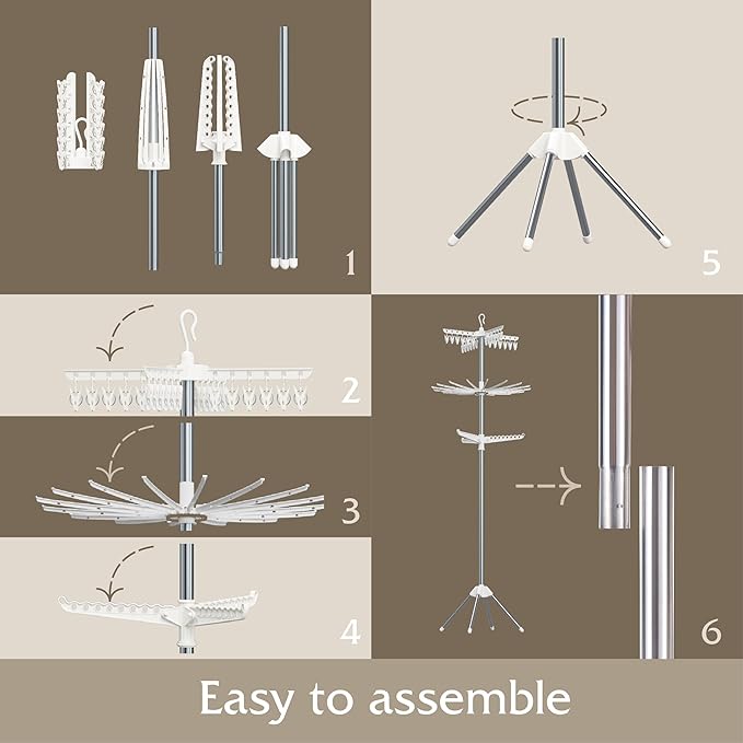 Beaudaily Clothes Drying Rack, Foldable 79.5-Inch Laundry Drying Rack,3 Tie, with Rotatable Arms, Stainless Steel, Holds 27 Clothes,8 Towels and 24 Clips for Hanging Socks, White and Silver