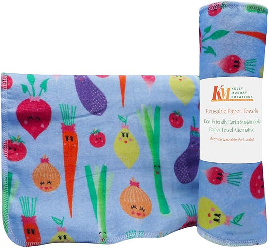 Pack of 10 Reusable Paper Towels | 10x10 Inch Cotton Towels | Kitchen Utensils Print | Eco Friendly, Washable, Quick Drying | Sustainable Cleaning Cloths | Vegetables